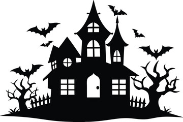 A Silhouette Vector Of Halloween Haunted House, Haunted House silhouette vector collection, Ghost House silhouette, halloween at night and bats house
