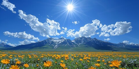A Serene Wildflower Meadow Under a Clear Blue Summer Sky, Bathed in Sunlight