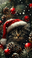 Obraz premium Playful Gray Tabby Kitten Creating Holiday Mischief in Christmas Tree with Ornaments