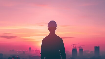 Fototapeta premium Silhouette of builder at dusk theme front view city horizon futuristic tone colored pastel