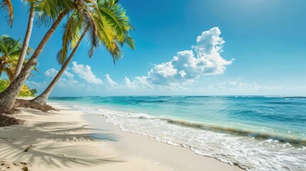 Beautiful sunny beach with soft white sand, clear blue sea, and lush palm trees.