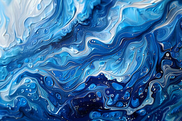 Elegant Abstract Ebru Technique in Blue Turkish Ebru Painting with Acrylic Swirls and Waves