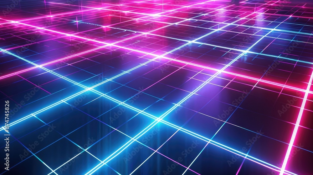 Poster futuristic abstract background with glowing neon lines forming a grid pattern, vibrant light effects