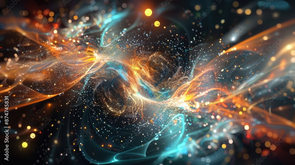 Poster futuristic abstract background featuring glowing waveforms and light particles.