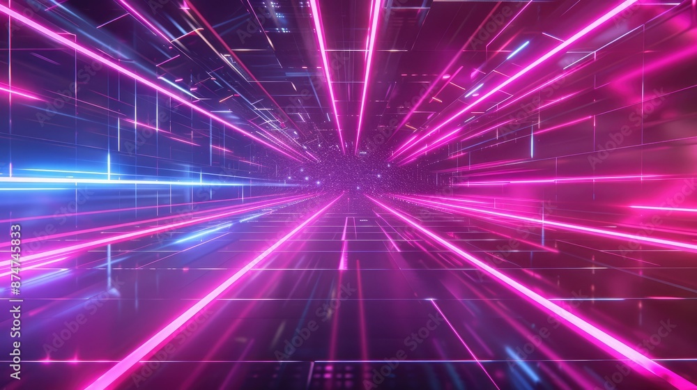 Poster futuristic abstract background with glowing neon lines forming a grid pattern, vibrant light effects