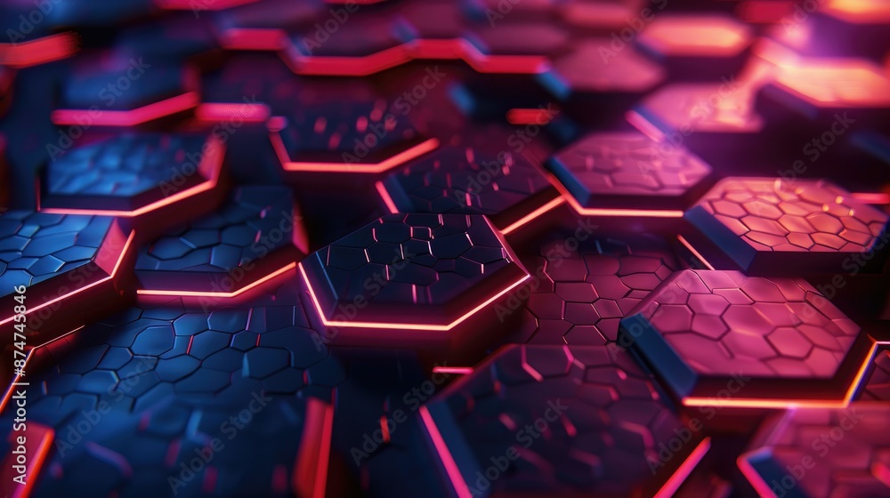Fototapete futuristic abstract background with neon hexagonal patterns and glowing light effects.