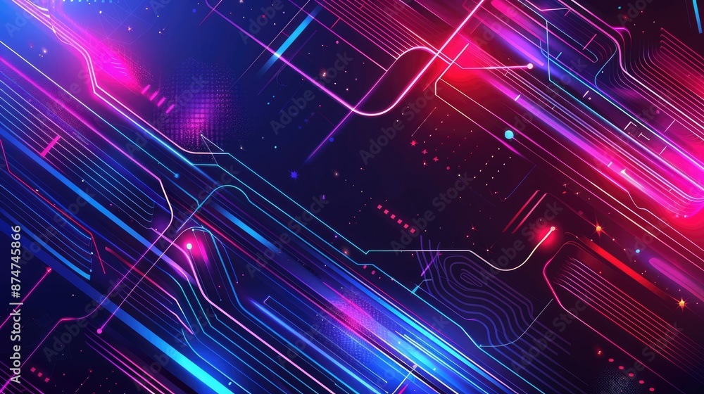 Poster futuristic background with dynamic neon lines and glowing geometric shapes, vector design.