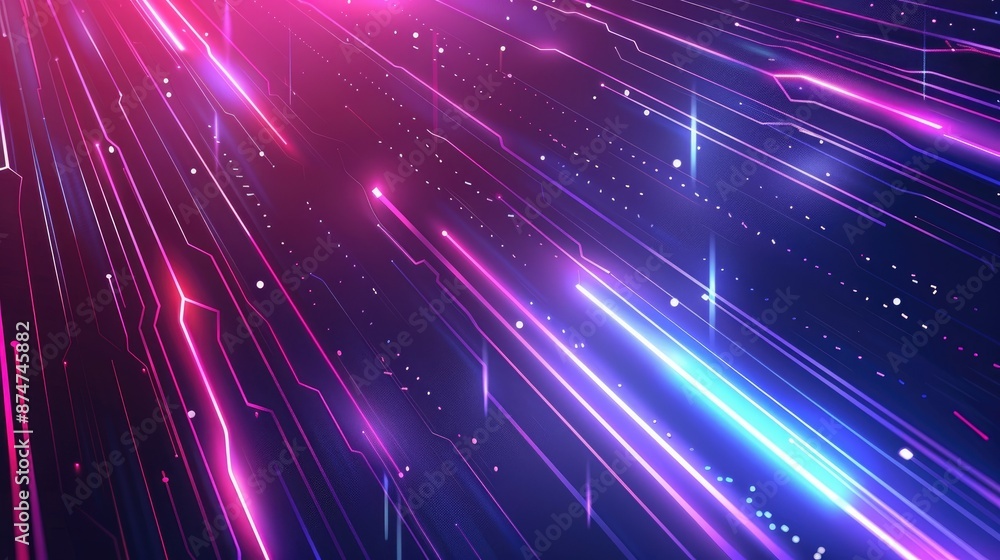 Poster futuristic background with dynamic neon lines and glowing geometric shapes, vector design.
