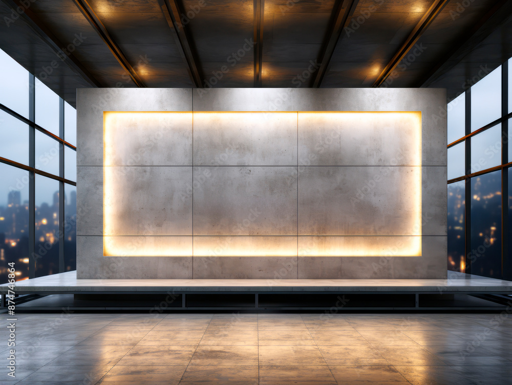 Aufkleber modern interior with empty wall space illuminated by soft lights, against a high-rise cityscape at n