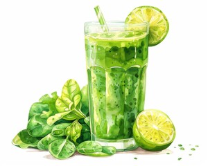 Fototapeta premium Fresh squeezed green veggie juice clipart, refreshing element, sketch style, light greens, isolated on white background
