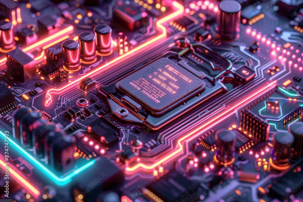 Poster close-up of a high-tech microchip with glowing neon circuits, showcasing advanced technology and inn