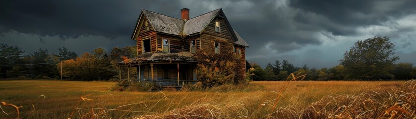 Rundown house with overgrown weeds, dark stormy sky, realistic economic distress