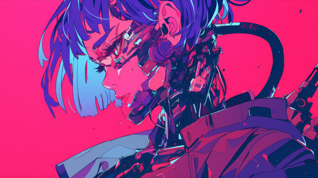 Cyberpunk woman with blue hair and cybernetic enhancements against a vibrant neon background. Futuristic science fiction concept art.