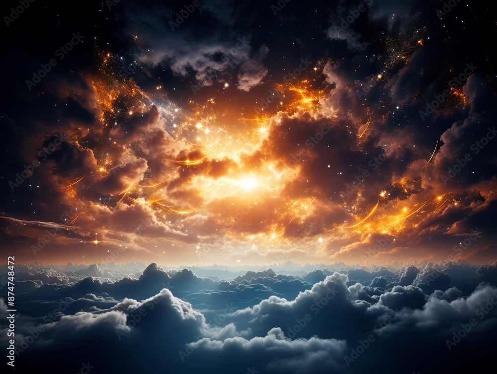 Poster an ethereal sky with clouds and glowing cosmic elements, digital art on a dark background, portrayin