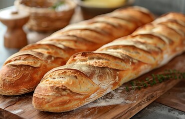 Freshly baked baguettes on a rustic wooden table, showing their golden crust and soft interior