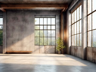 Empty spacious room with large windows, concrete floor and walls with a plant, bright sunlight, concept of minimalism. Generative AI