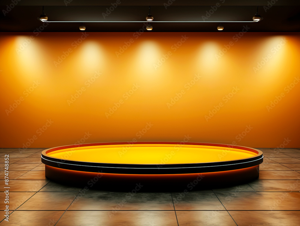 Poster round platform in a room with spotlight illumination on a warm orange background, concept of present