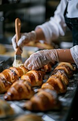 A female chef oils croissant dough with a brush, close-up of hands in a bakery kitchen