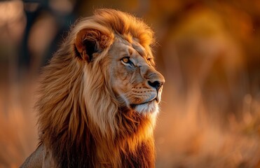 Obraz premium majestic lion, with its golden mane and piercing eyes, stands in the savannah