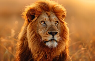Obraz premium majestic lion, with its golden mane and piercing eyes, stands in the savannah