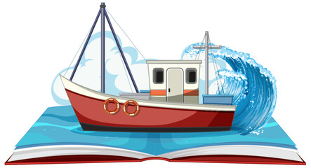 A boat emerging from an open book