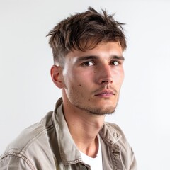 Obraz premium Man with a textured fringe, looking fashionable, wearing a casual outfit, Portrait half-body, hyper-realistic, high detail, photorealistic, white background, studio lighting, Key Light, Fill Light,