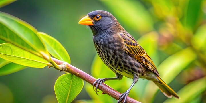 Vibrant yellow-beaked Darwin's finch perches on a lush green branch in the Galapagos Islands, showcasing its distinctive markings and curious gaze.