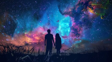 A man and a woman's silhouettes gaze upon a star-filled night sky, with a field stretching out behind them and a vibrant nebula at the photograph's center, rendered in a photorealistic. Generative AI