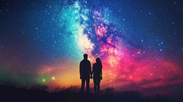 A man and a woman's silhouettes gaze upon a star-filled night sky, with a field stretching out behind them and a vibrant nebula at the photograph's center, rendered in a photorealistic. Generative AI - Powered by Adobe