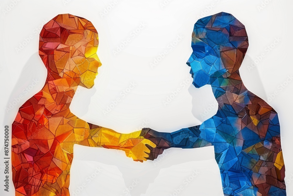 Poster vibrant abstract illustration of two faces merging with colorful particles, symbolizing unity and ha
