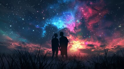 A man and a woman's silhouettes gaze upon a star-filled night sky, with a field stretching out behind them and a vibrant nebula at the photograph's center, rendered in a photorealistic. Generative AI