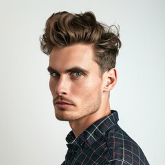Obraz premium Man with a modern quiff, looking trendy, wearing a casual shirt, Portrait half-body, hyper-realistic, high detail, photorealistic, white background, studio lighting, Key Light, Fill Light, Back Light