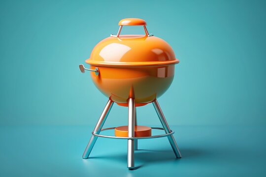 Vibrant orange kettle BBQ 3D icon in soft blue pastel tones, exuding summer vibes, perfect for backyard barbecue gatherings and outdoor culinary delights.