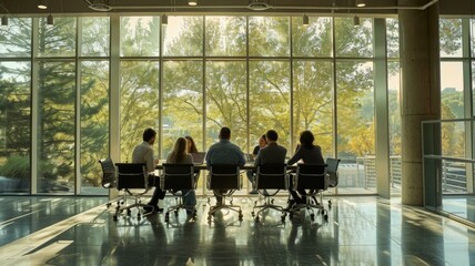 A diverse group of professionals collaborating in a modern office environment during a team meeting. AIG53M