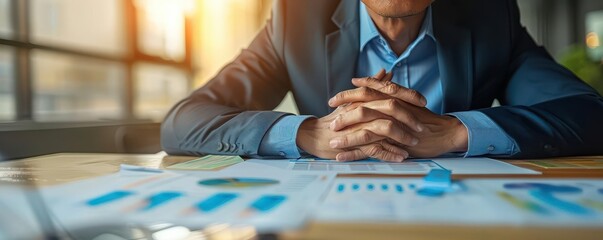 Businessman reviewing charts and graphs in office setting, focused and professional, analyzing data for financial decisions.
