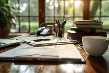 Obraz premium Cozy home office desk with books, coffee cup, and natural light through window. Ideal for working from home or studying.