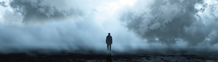 Realistic shadow of person leaving, ominous cloudy sky in background