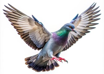 Fototapeta premium A solitary pigeon in mid-flight, wings spread wide, frozen in motion, showcasing its effortless grace and urban beauty against a transparent background.