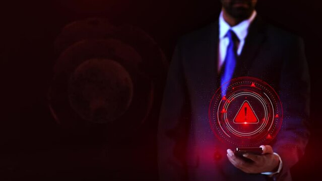 Businessman virtual display HUd Hologram Danger Critical System Error message computer Warning hacking attack. crash, Virus code software hack Cyber security breach Error, Virus Detect. Cyber Crime