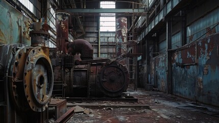 Eerie Abandoned Factory with Rusted Machinery and Ghostly Presence in Dark Corners