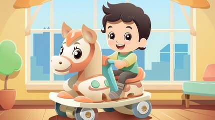 Child playing on rocking horse cartoon flat design top view playroom theme cartoon drawing colored pastel