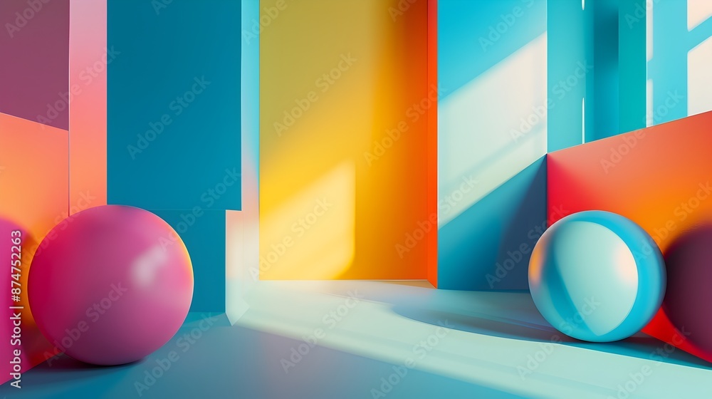 Poster colorful geometric shapes and structures in minimalist studio setting