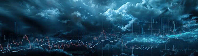 Realistic falling financial chart, stormy sky behind