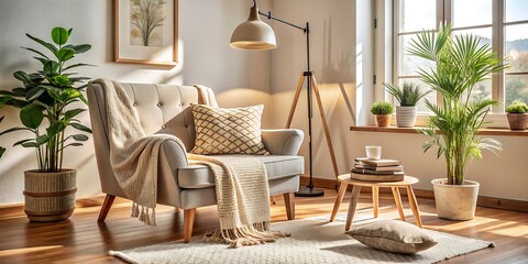 Fototapeta premium Inviting cozy reading nook features patterned armchair, layered beige blanket, and tassel pillow, surrounded by wooden floor lamp, potted plants, and warm natural light.