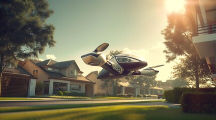 Advanced drone technology for rapid package delivery flying over a modern suburban neighborhood with streamlined body and aerodynamic features carrying a small parcel under sunny skies