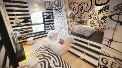 Dreamy Doodles The black and white striped walls of this bedroom are adorned with playful doodles creating a fun and imaginative space.