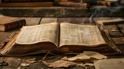 Obraz premium Open ledger book with torn financial documents nearby, realistic economic downturn