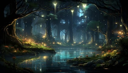 A magical forest clearing with a dancing light show created by fireflies and magical creatures