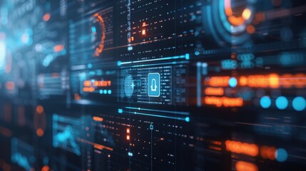 Obraz premium Secure Online Protection - Close-Up Computer Screen with Firewall and Lock Icons