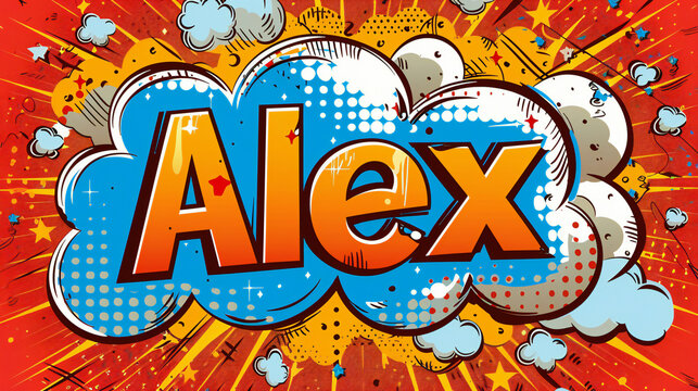 Dynamic Comic Book Explosion Style Illustration of the Name Alex with Bold Visuals